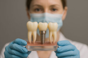 Women holding an implant model with both her hands, dental office