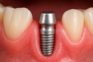 Close up image of gums with dental implant, with healthy pink gums surrounding the implant. No text on the image.