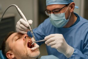 Photo of a dentist in Cookeville, TN placing a dental implant into a patient's jawbone during a dental implant operation, using surgical guides and precision instruments. No text on the image.