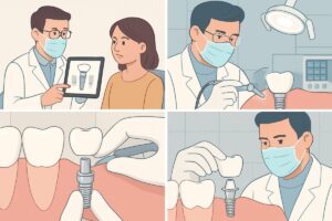 Illustration depicting the key steps of a tooth implant process, from initial consultation and implant placement to abutment and final crown fitting, with a focus on modern dental technology. No text on the image.