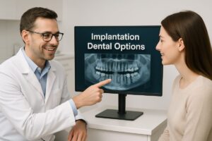 A dentist is speaking with a patient about implantation dental options, pointing to a digital scan of their mouth. The text on the screen says "Implantation Dental Options".