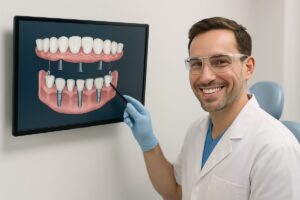 Image of a dentist smiling and pointing to a digital screen showing the All-on-4 dental implant procedure plan, with a happy patient in the background. No text on the image.