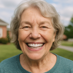 Close-up image of a smiling senior woman in Crossville, TN, confidently showing off her new dental implants. No text on the image.