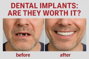 A before and after image of a patient who has had dental implants placed, showcasing a restored smile. The text on the image reads "Dental Implants: Are They Worth It?"