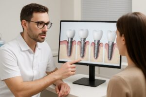 A dentist is consulting with a patient, using a digital display to show the different types of dental implants available. No text on image.