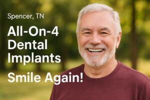 Image of a smiling senior man in Spencer, TN, showing off his new All-on-4 dental implants. The text on the image reads "All-On-4 Dental Implants: Smile Again!".