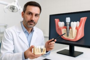A dentist is pointing to a 3D model of a dental implant placement in a jaw, highlighting the precision and planning involved. The image conveys advanced technology and expertise in dental implant procedures. No text on the image.