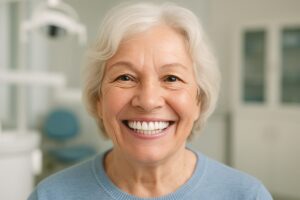 Image of a smiling senior woman with All-On-4 dental implants, showcasing a full set of natural-looking teeth. The background is a blurred dental office setting. No text on image.