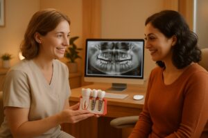 A warm and inviting dental office setting with a dentist consulting a patient about dental implant options. No text on image.