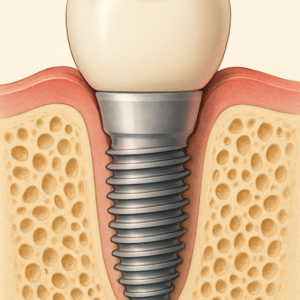 Close up, diagram-style rendering of a dental implant post inside of a jaw bone. No text on image.