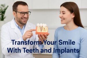 A dentist is explaining the implant procedure to a patient, using a model of teeth and implants to illustrate how the implant will integrate with the jawbone. The text on the image reads "Transform Your Smile With Teeth and Implants".
