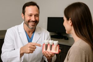 A friendly implant dentist in Gordonsville, TN, smiling and pointing to a 3D model of dental implants while consulting with a patient. No text on the image.