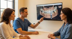 Dental consultation regarding white tissue around dental implants
