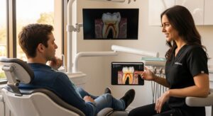 Dentist and patient discussing root canal treatment using 3D imaging.