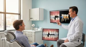 Dentist explaining dental bridges to a patient with digital imaging in a modern office environment