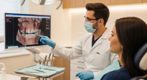 Dentist consulting a patient in a modern, clean dental office with advanced technology