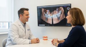 Patient consultation for all-on-four implants in a modern dental office.