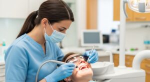 Hygienist performing dental cleaning in a modern clinic