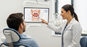 Patient consulting with dentist using advanced dental technology
