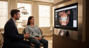 Patient discussing oral health plan with dentist in modern office